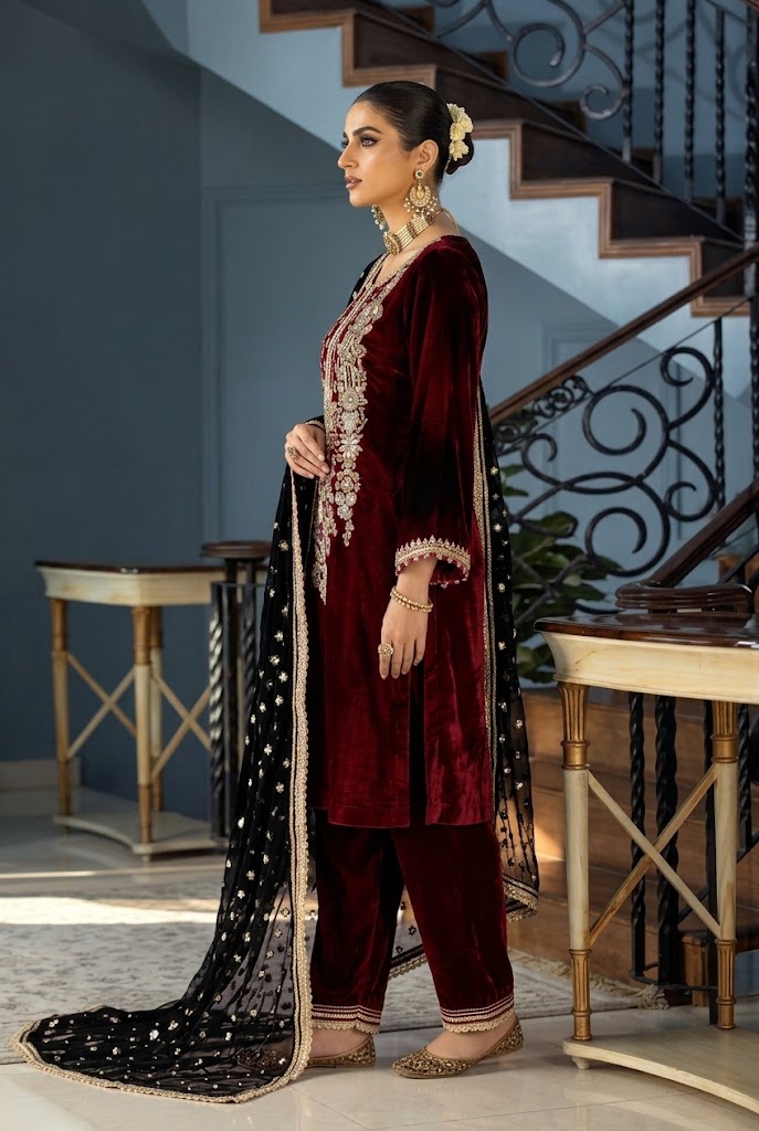 Royal Maroon & Black: Gold Embroidered Velvet Suit