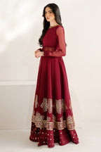 Deep Ruby Maroon & Antique Gold: Embroidered Chiffon Suit