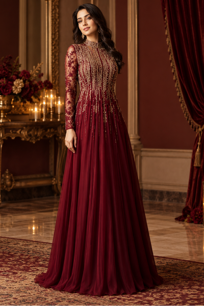 Maroon Heavy Embroidered Chiffon Maxi – Ready-to-Wear 3 Piece