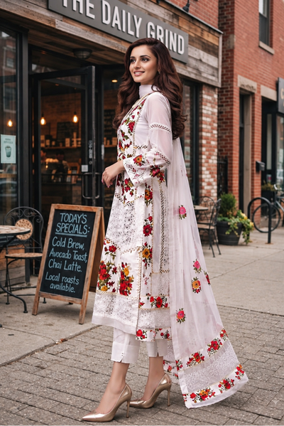 White Floral Lawn Embroidered Ready-to-Wear 3 Piece Suit
