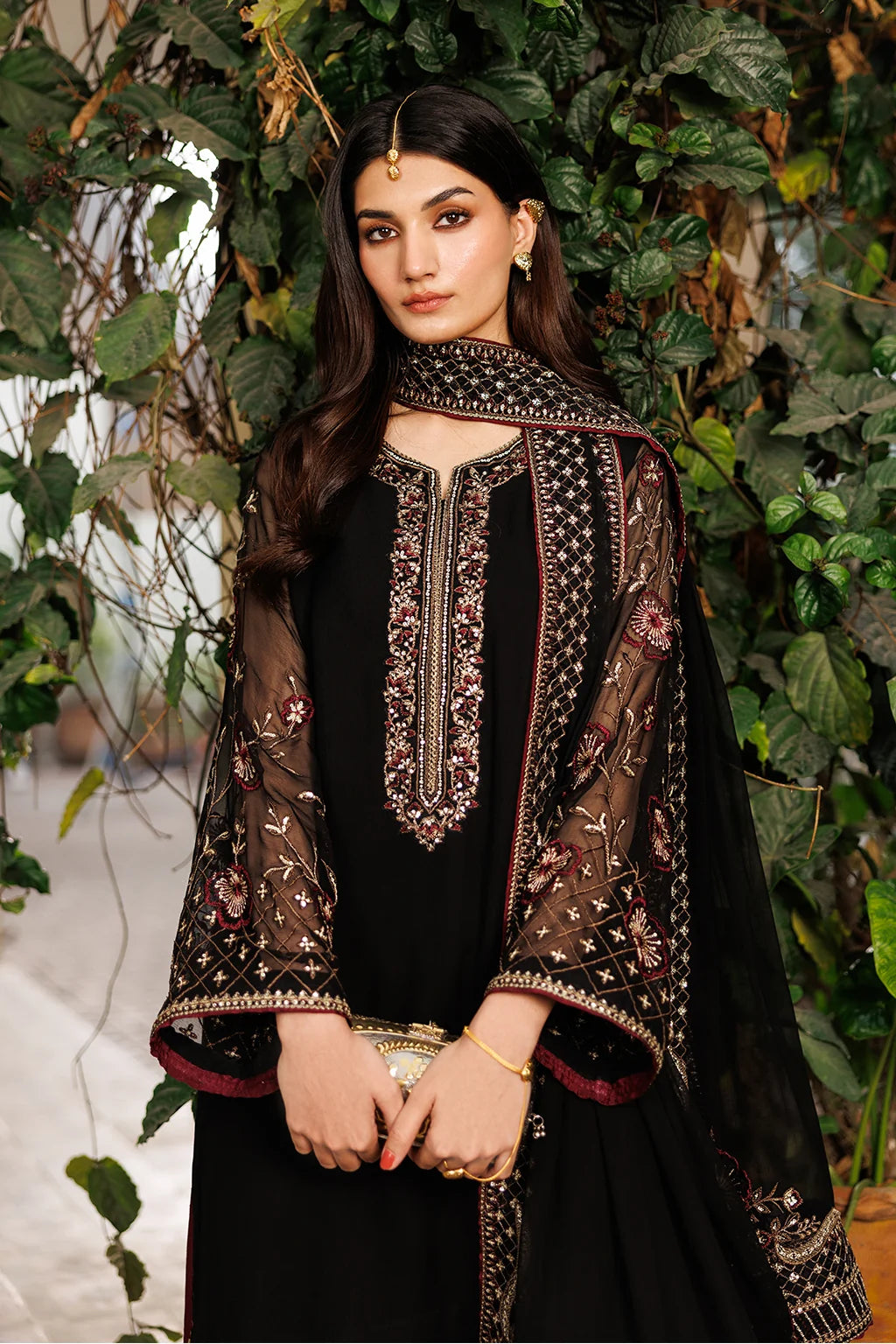 Midnight Black & Deep Plum: Embroidered Chiffon Suit