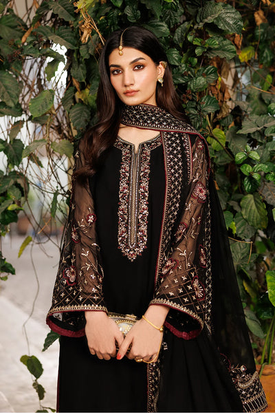 Midnight Black & Deep Plum: Embroidered Chiffon Suit
