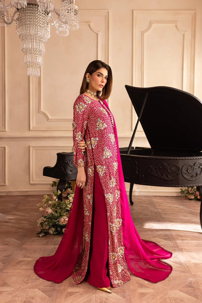 Hot Pink & Shimmering Silver: Embroidered Chiffon Suit | Ready To Wear