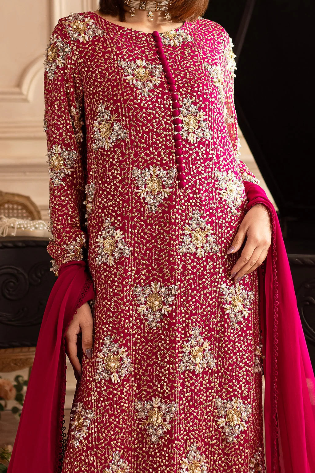 Hot Pink & Shimmering Silver: Embroidered Chiffon Suit | Ready To Wear