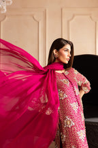 Hot Pink & Shimmering Silver: Embroidered Chiffon Suit | Ready To Wear