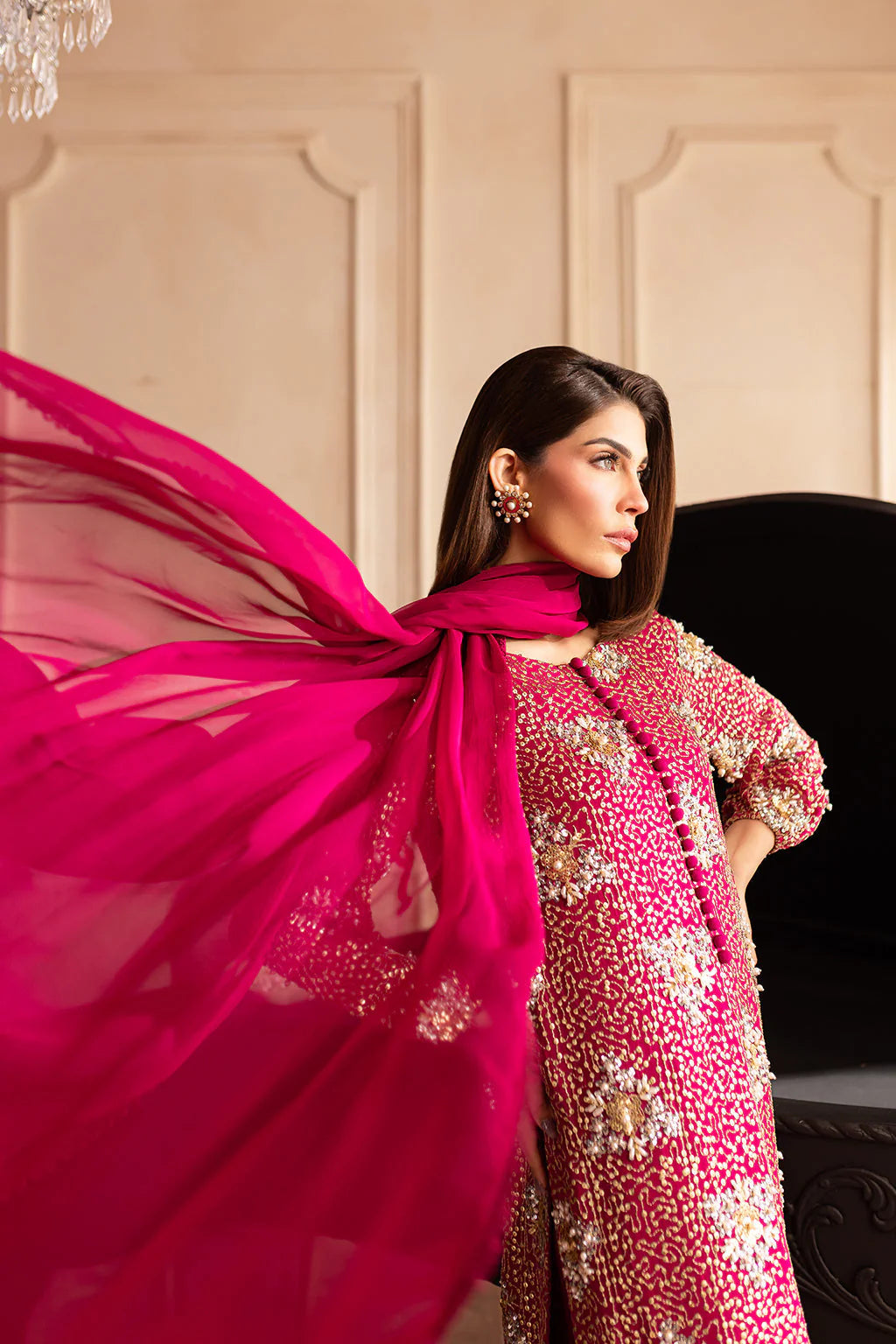 Hot Pink & Shimmering Silver: Embroidered Chiffon Suit | Ready To Wear