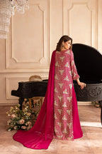 Hot Pink & Shimmering Silver: Embroidered Chiffon Suit | Ready To Wear