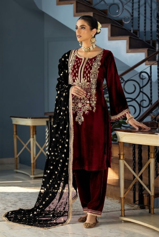 Royal Maroon & Black: Gold Embroidered Velvet Suit