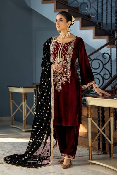 Royal Maroon & Black: Gold Embroidered Velvet Suit