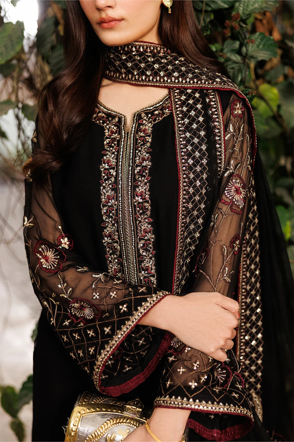 Midnight Black & Deep Plum: Embroidered Chiffon Suit