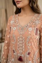 Apricot Peach & Pearl White Accent: Embroidered Net Suit