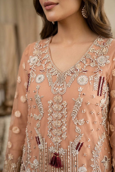 Apricot Peach & Pearl White Accent: Embroidered Net Suit