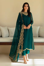 Peacock Teal & Gold: Embroidered Chiffon Suit