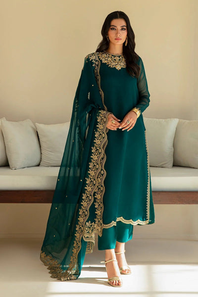 Peacock Teal & Gold: Embroidered Chiffon Suit