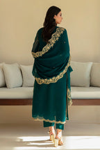 Peacock Teal & Gold: Embroidered Chiffon Suit