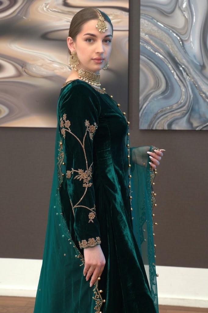 Emerald Green & Gold: Flared Velvet Frock | Ready To Wear