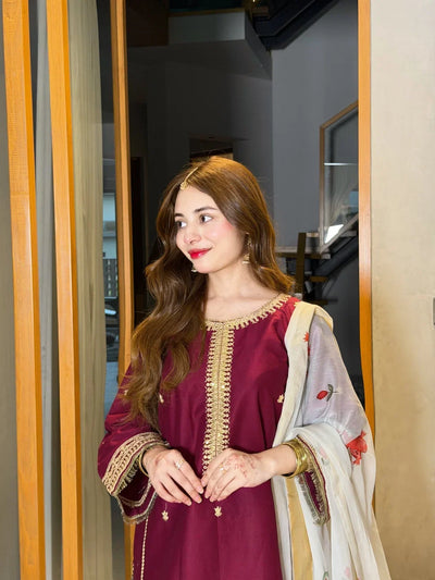 03-Piece Embroidered Shamoz Silk Suit