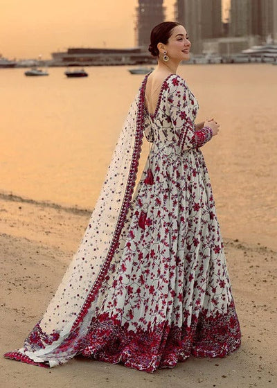 Off-White & Ruby Red: Embroidered Lawn Suit (Maxi Style) - Ready To Wear