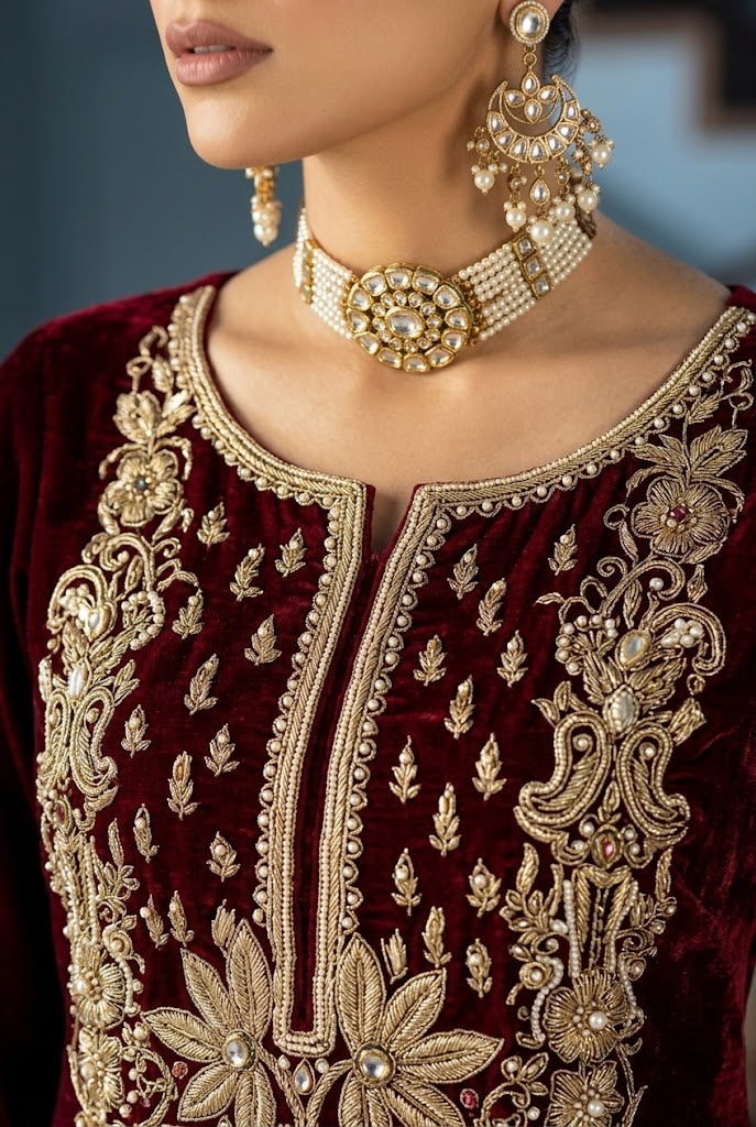 Royal Maroon & Black: Gold Embroidered Velvet Suit