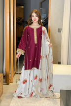 03-Piece Embroidered Shamoz Silk Suit