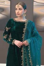 Emerald Green & Gold: Flared Velvet Frock | Ready To Wear