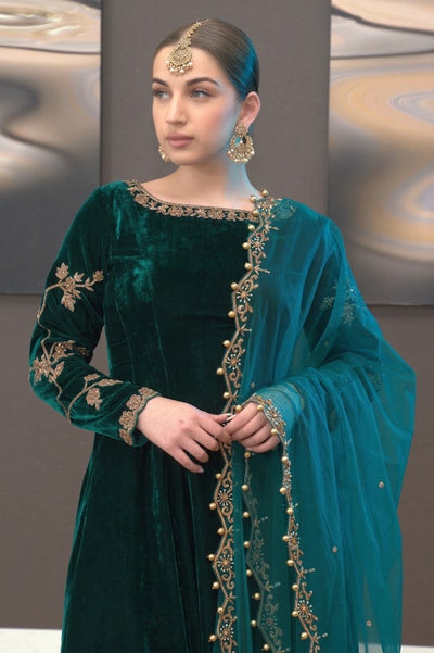 Emerald Green & Gold: Flared Velvet Frock | Ready To Wear
