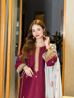 03-Piece Embroidered Shamoz Silk Suit