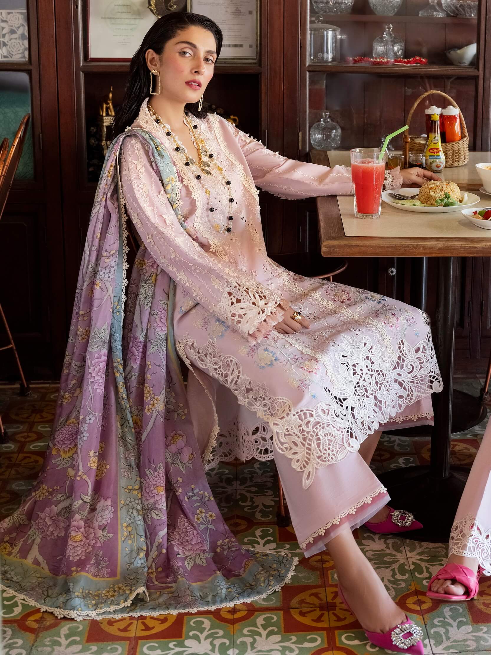 Pastel Lilac & Soft Ivory: Embroidered Cotton Suit