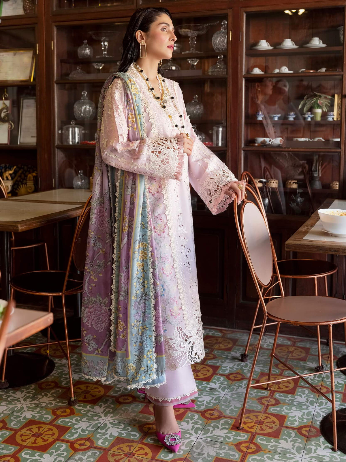Pastel Lilac & Soft Ivory: Embroidered Cotton Suit