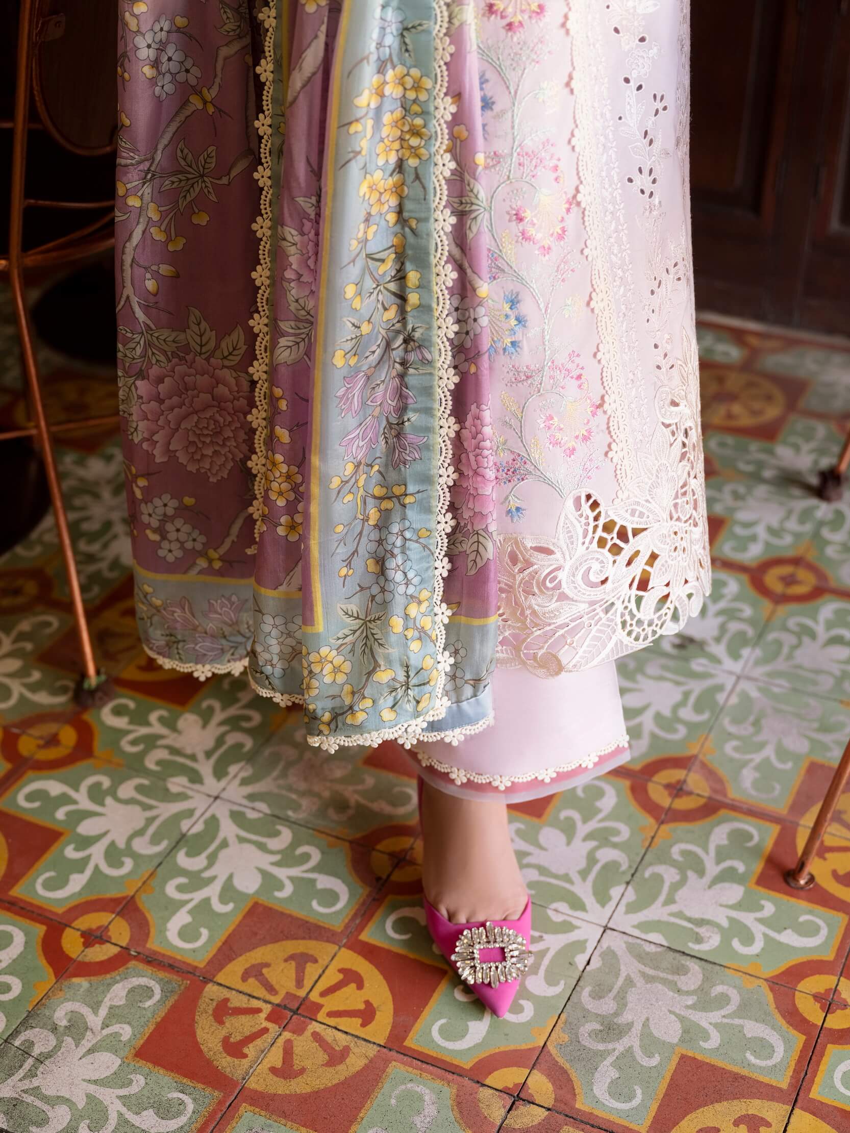 Pastel Lilac & Soft Ivory: Embroidered Cotton Suit