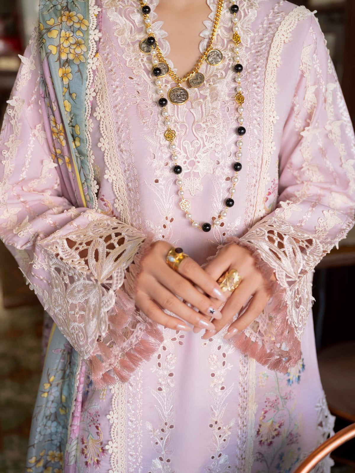 Pastel Lilac & Soft Ivory: Embroidered Cotton Suit