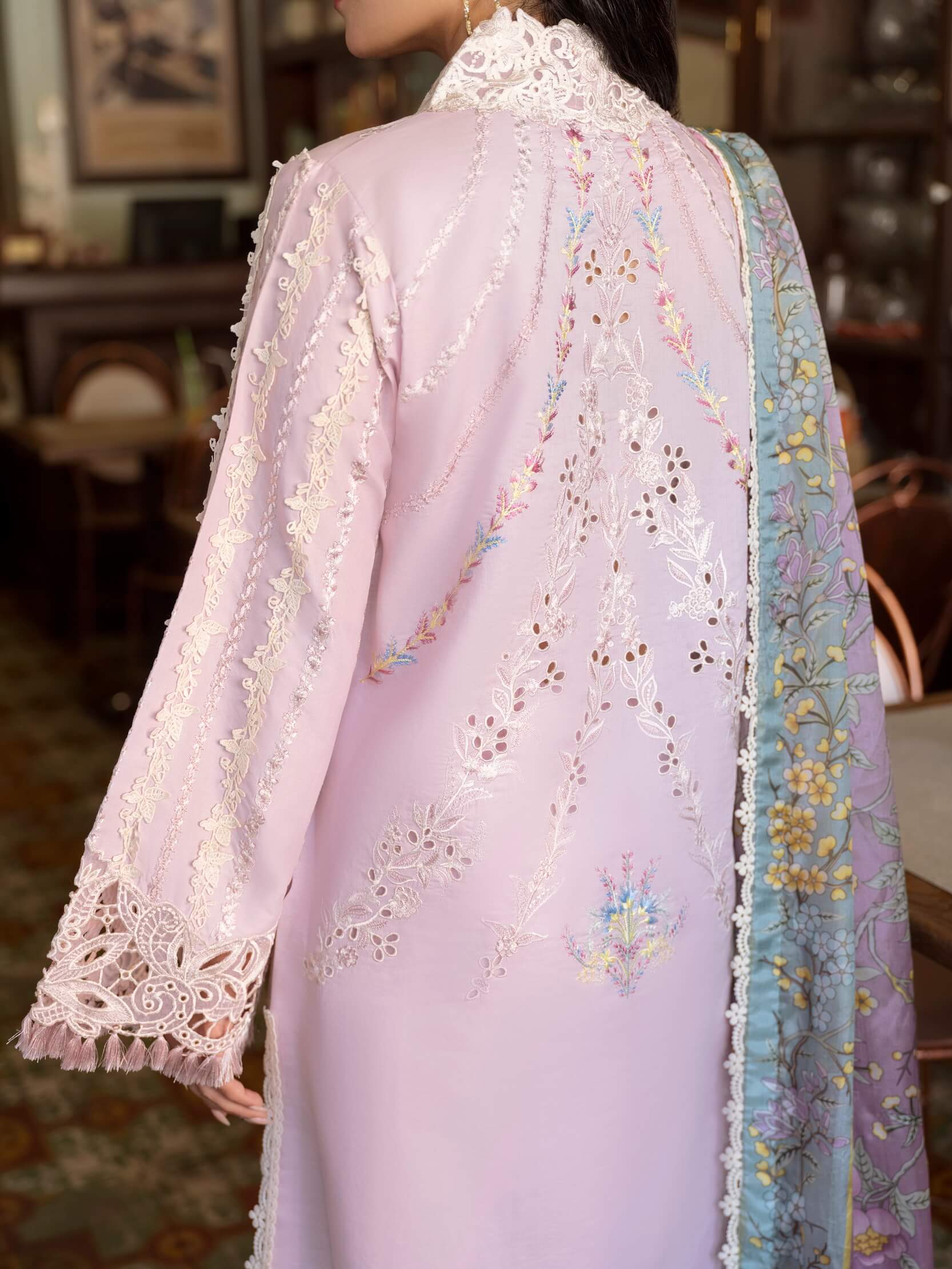 Pastel Lilac & Soft Ivory: Embroidered Cotton Suit