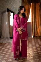 Rich Fuchsia Berry & Silver: Embroidered Chiffon Suit