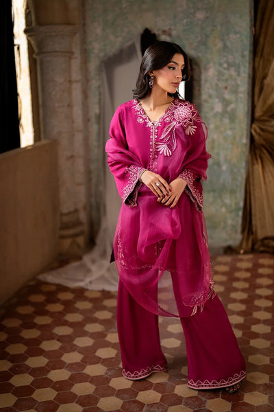 Rich Fuchsia Berry & Silver: Embroidered Chiffon Suit