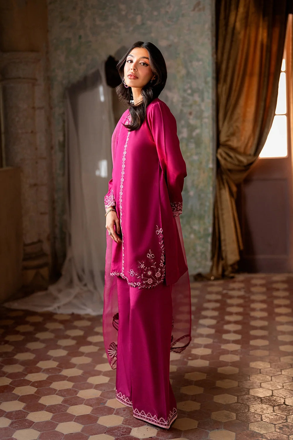 Rich Fuchsia Berry & Silver: Embroidered Chiffon Suit