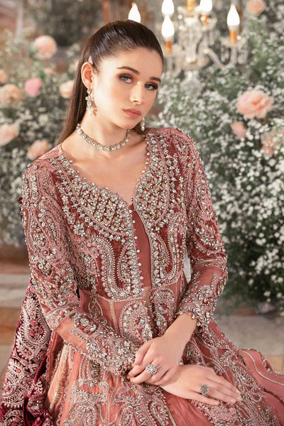 Rust Orange & Burgundy Net Embroidered Bridal Maxi | Ready To Wear