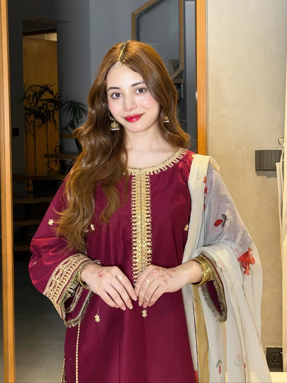 03-Piece Embroidered Shamoz Silk Suit