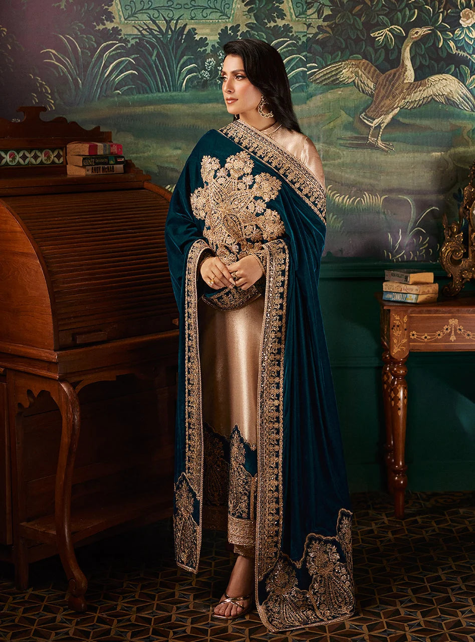 Champagne Gold & Peacock Teal: Maysoor Silk Suit