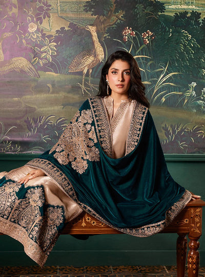Champagne Gold & Peacock Teal: Maysoor Silk Suit