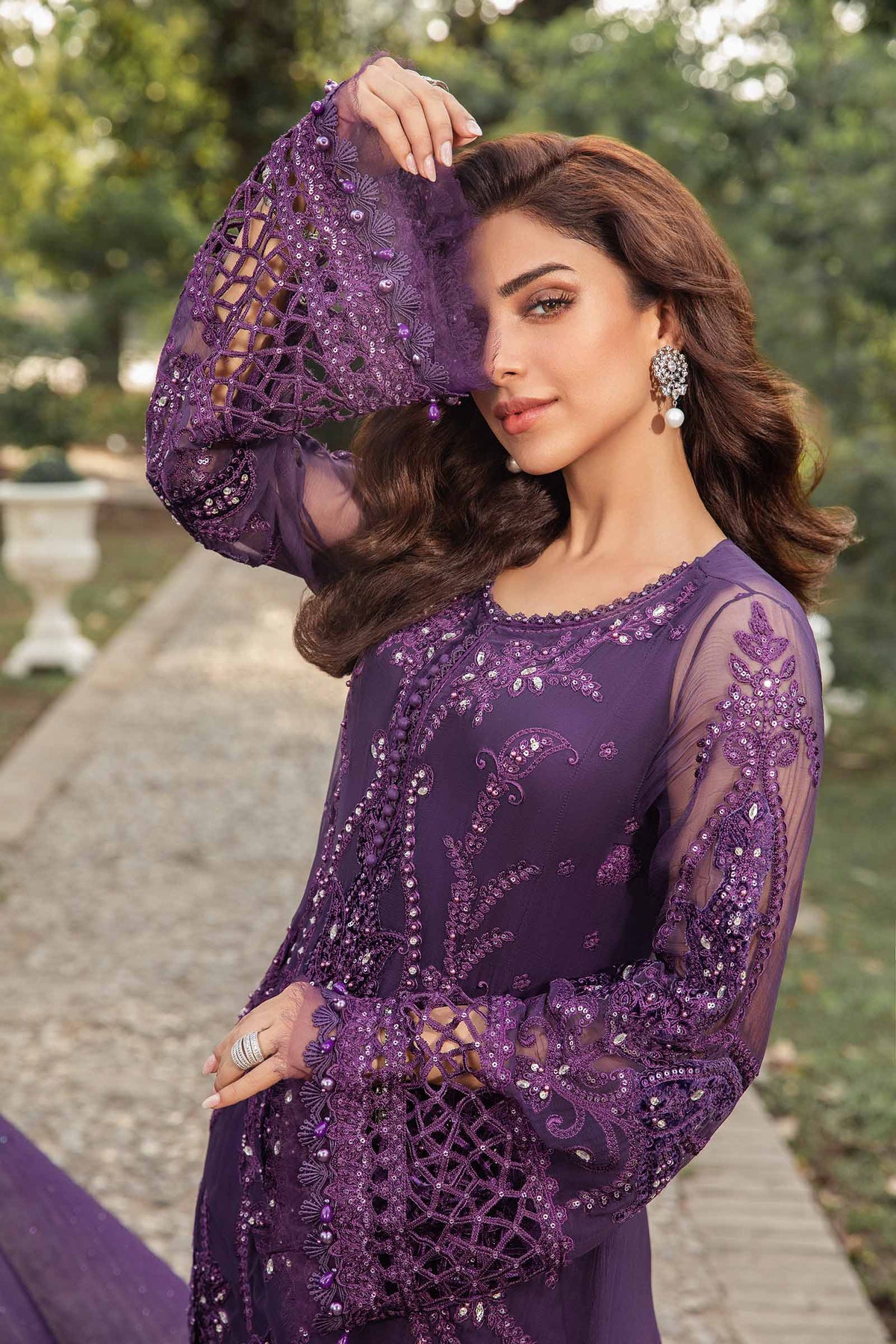 Deep Amethyst Violet: Embroidered Chiffon Suit