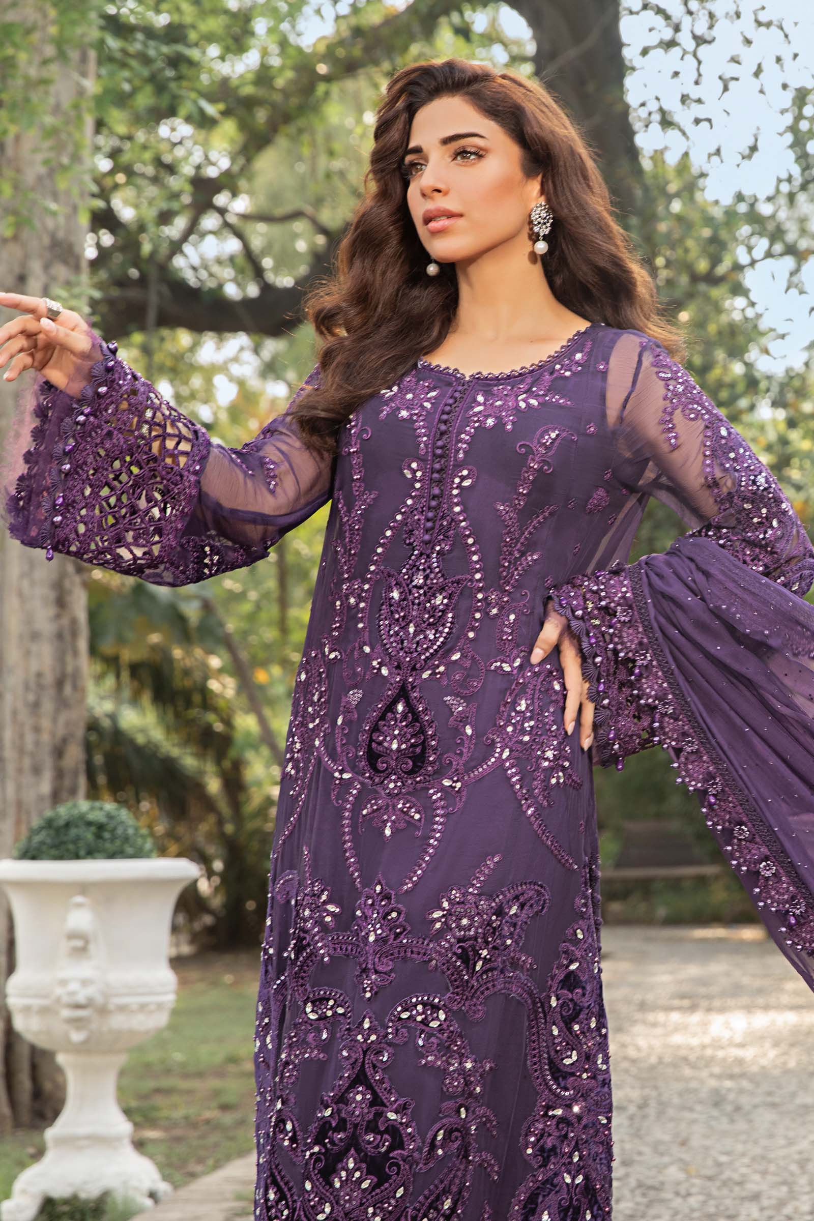 Deep Amethyst Violet: Embroidered Chiffon Suit