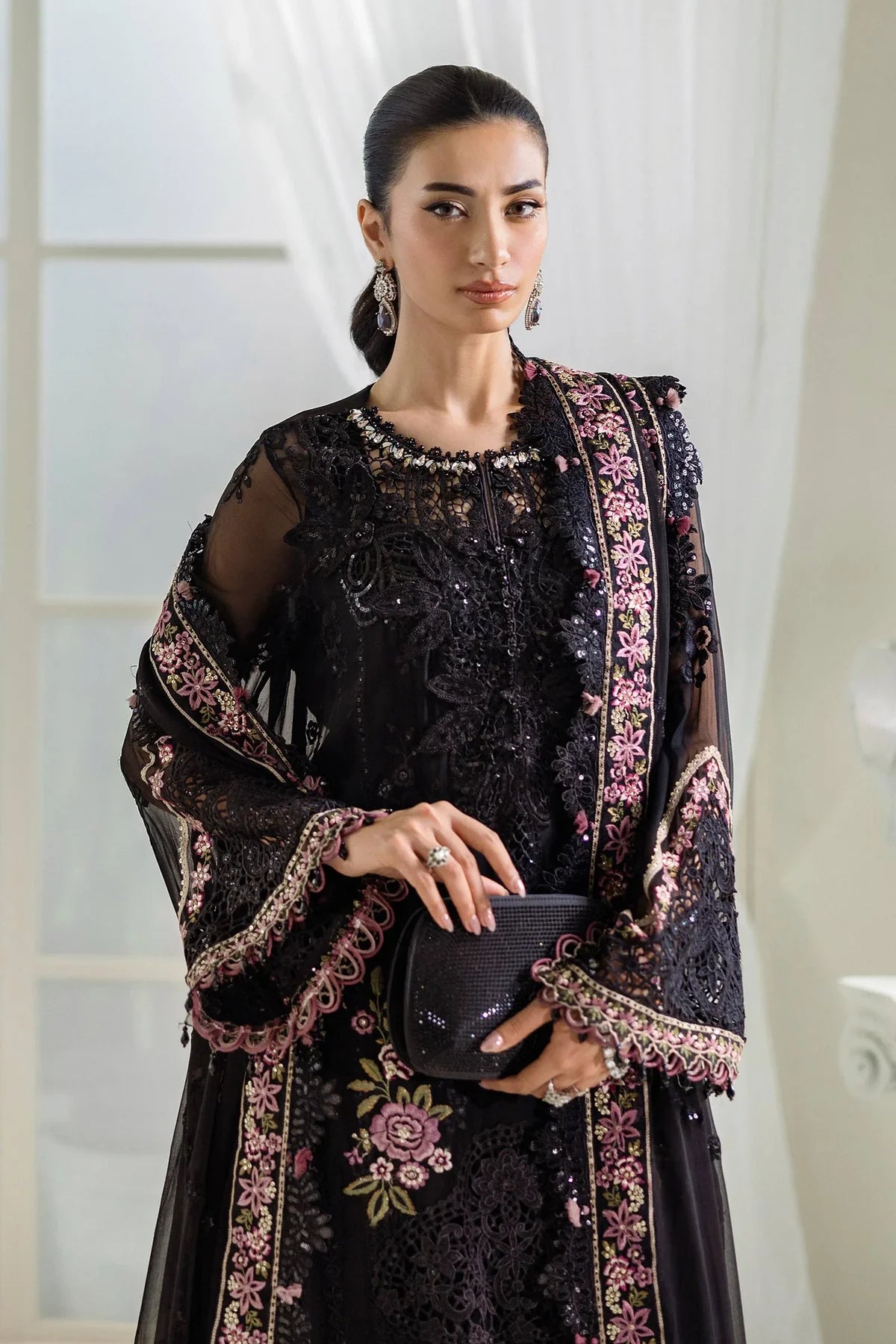 Jet Black & Blush Pink Accent: Embroidered Chiffon Suit