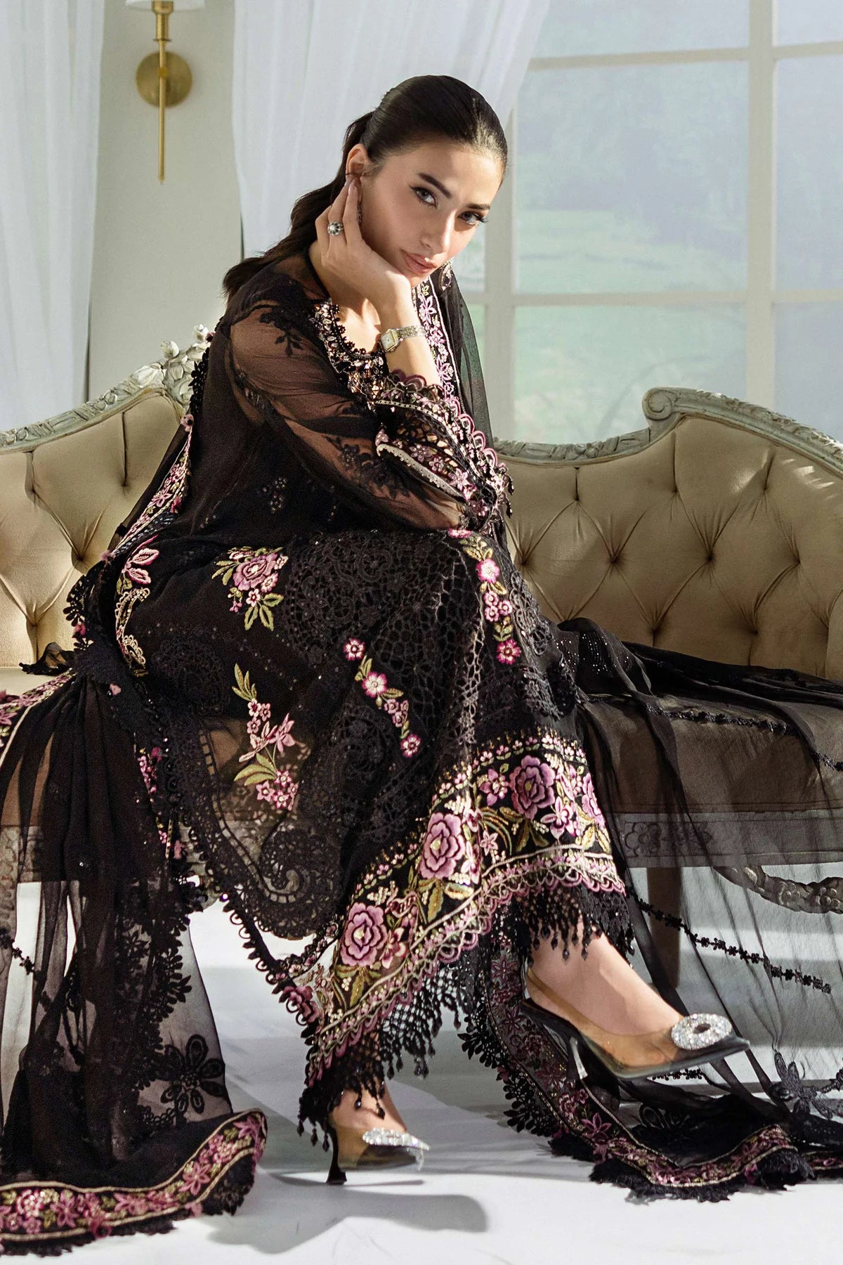 Jet Black & Blush Pink Accent: Embroidered Chiffon Suit