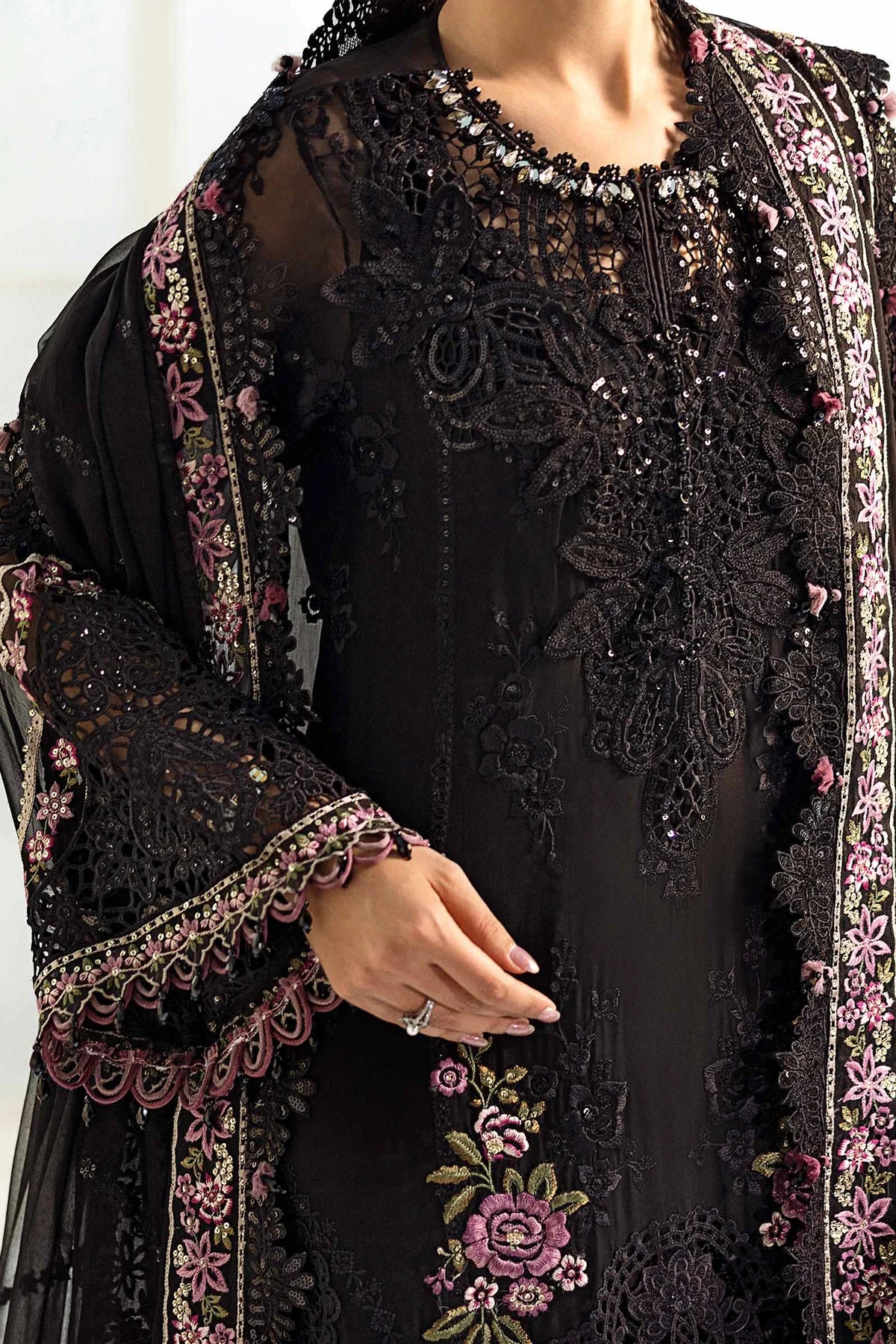 Jet Black & Blush Pink Accent: Embroidered Chiffon Suit