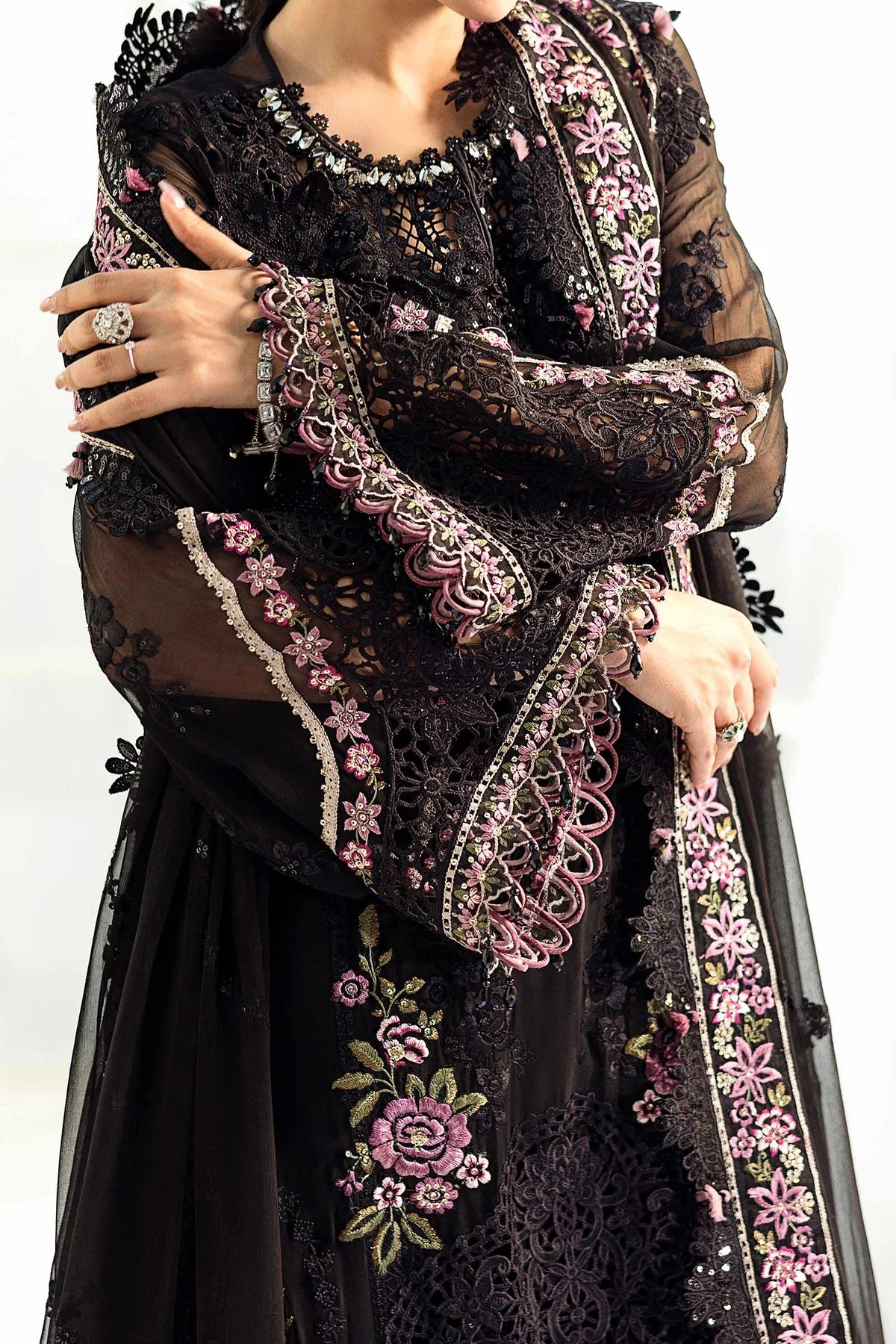 Jet Black & Blush Pink Accent: Embroidered Chiffon Suit