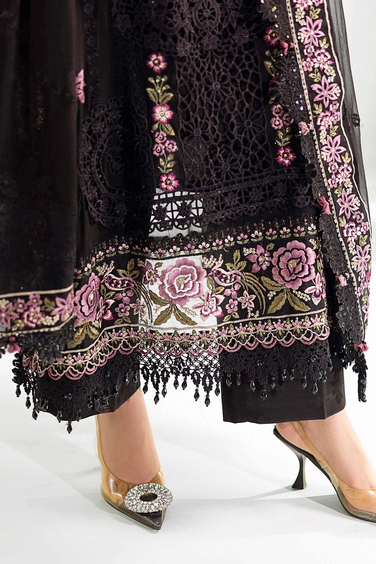 Jet Black & Blush Pink Accent: Embroidered Chiffon Suit