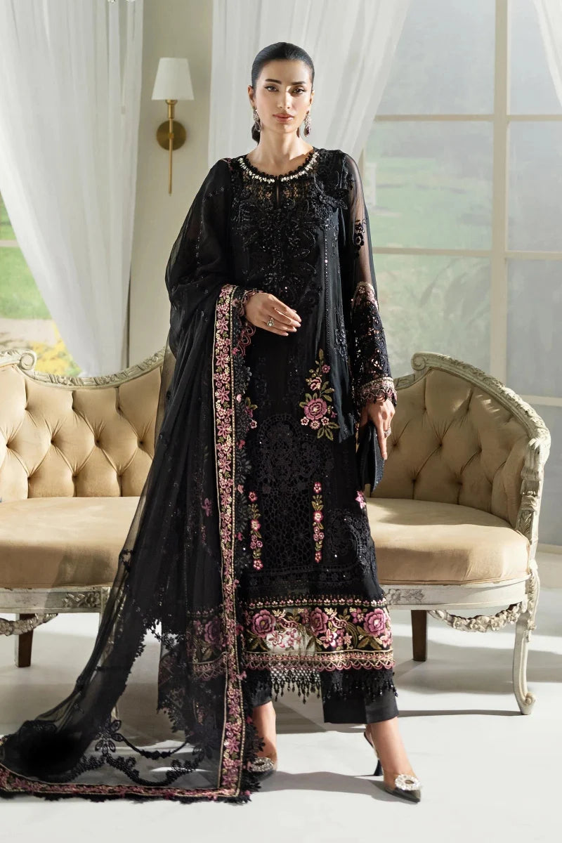 Jet Black & Blush Pink Accent: Embroidered Chiffon Suit