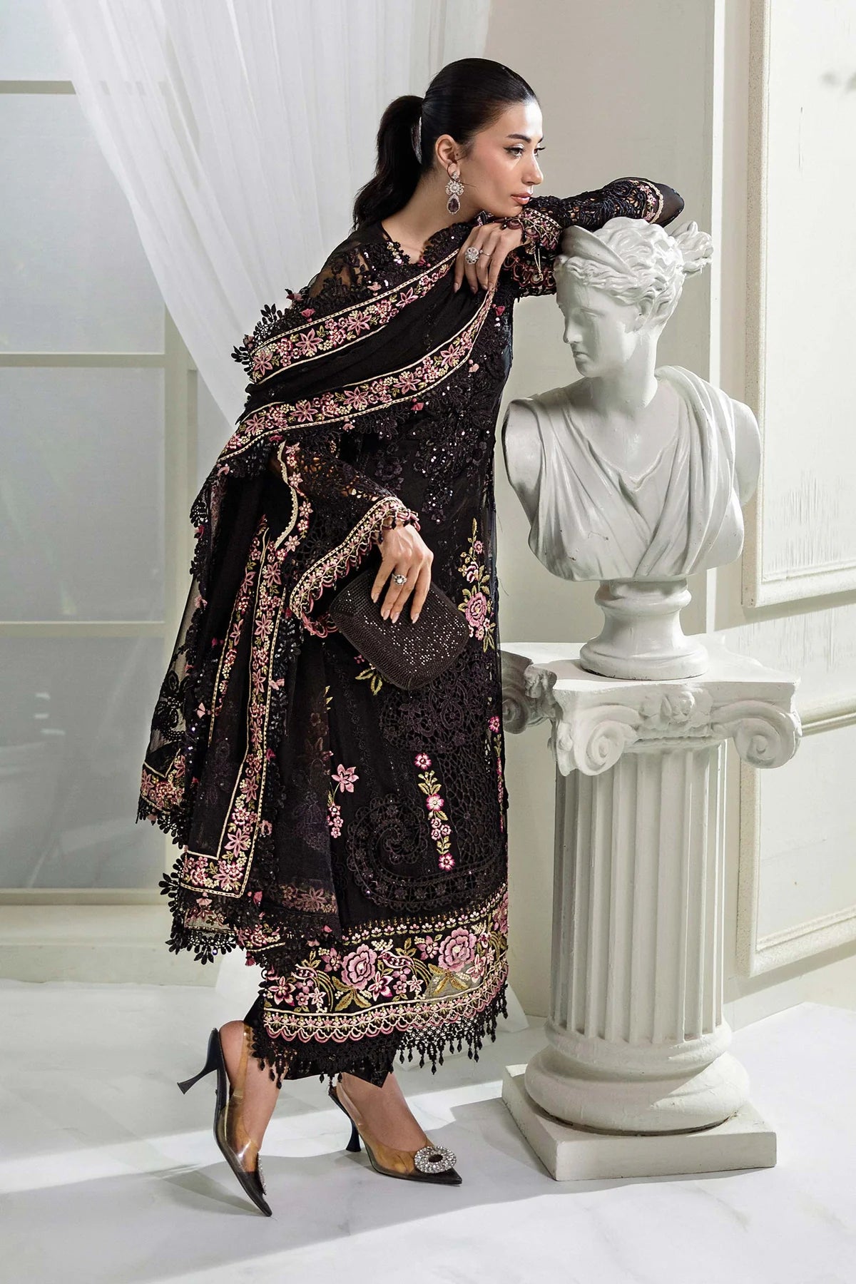 Jet Black & Blush Pink Accent: Embroidered Chiffon Suit