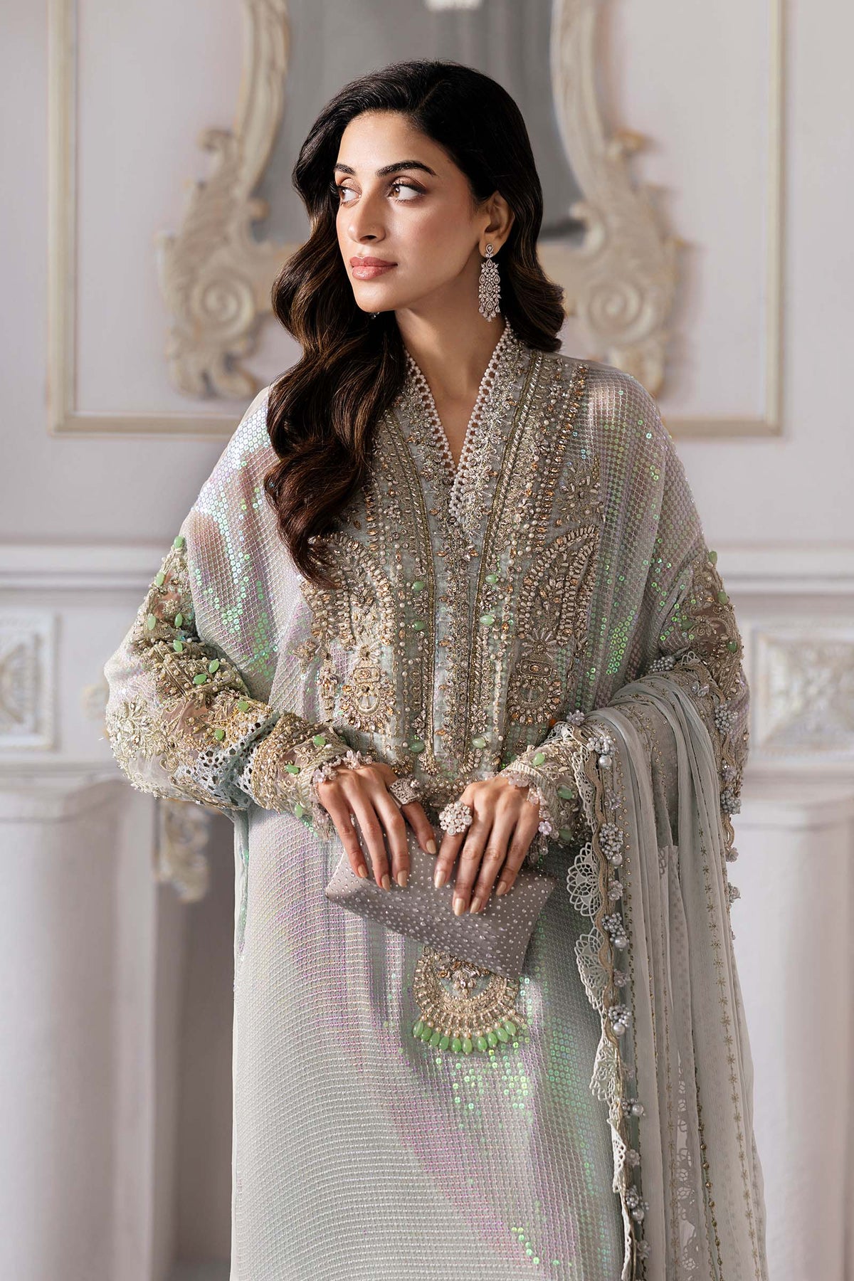 Metallic Shimmer: Embroidered Chiffon Suit