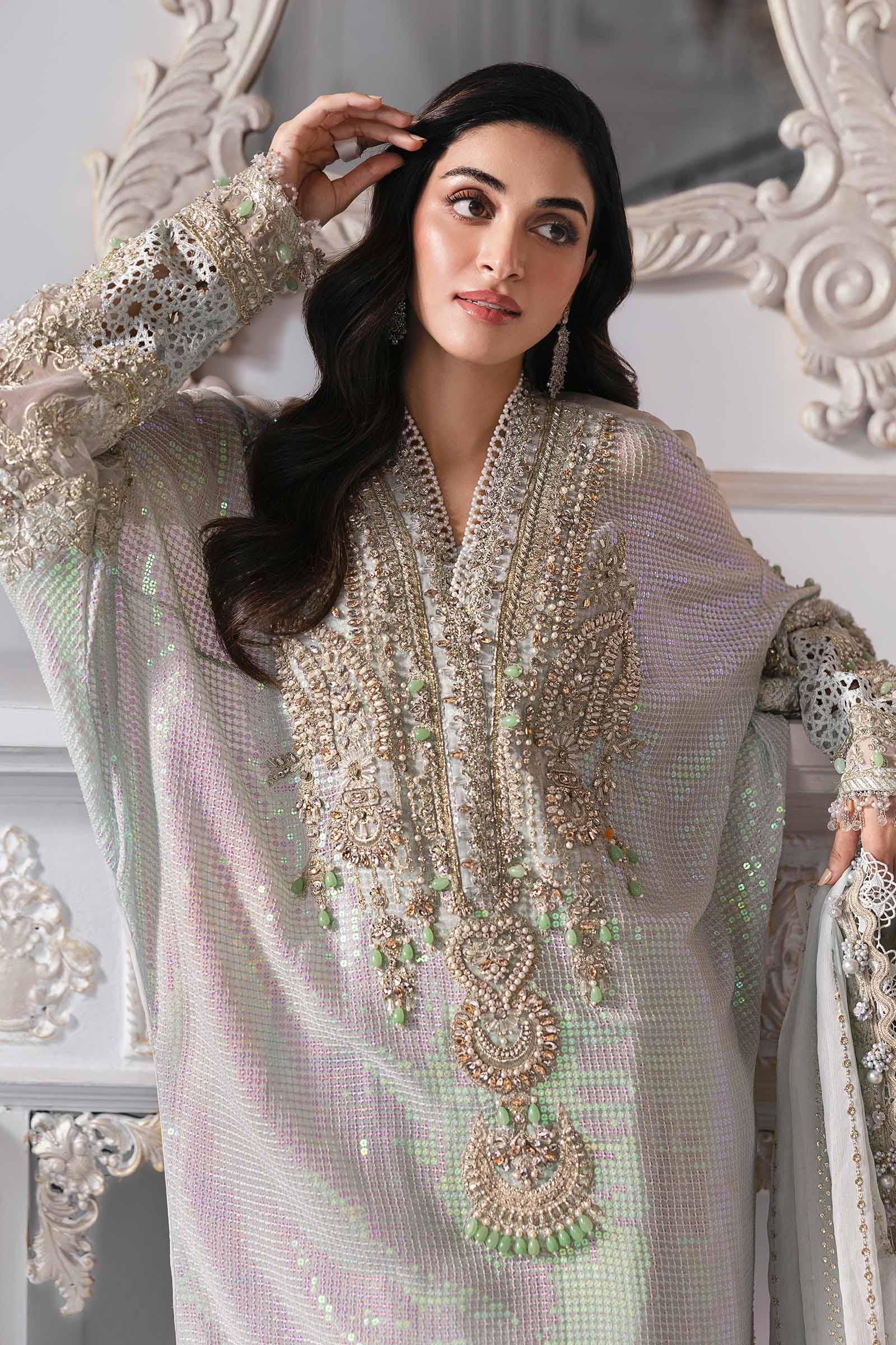 Metallic Shimmer: Embroidered Chiffon Suit
